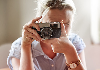 Buy stock photo Freelancer, woman and digital camera for photography with inspiration for art project, memories and collection. Female person, artist and lens focus with career, skill and talent for art and creative