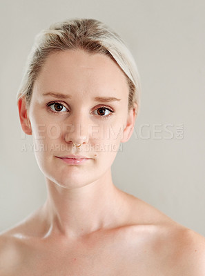 Buy stock photo Studio, woman or portrait with facial for skincare, collagen treatment or smooth glow with pride. Nose ring, female person or satisfied with cosmetics for wellness, natural beauty or white background