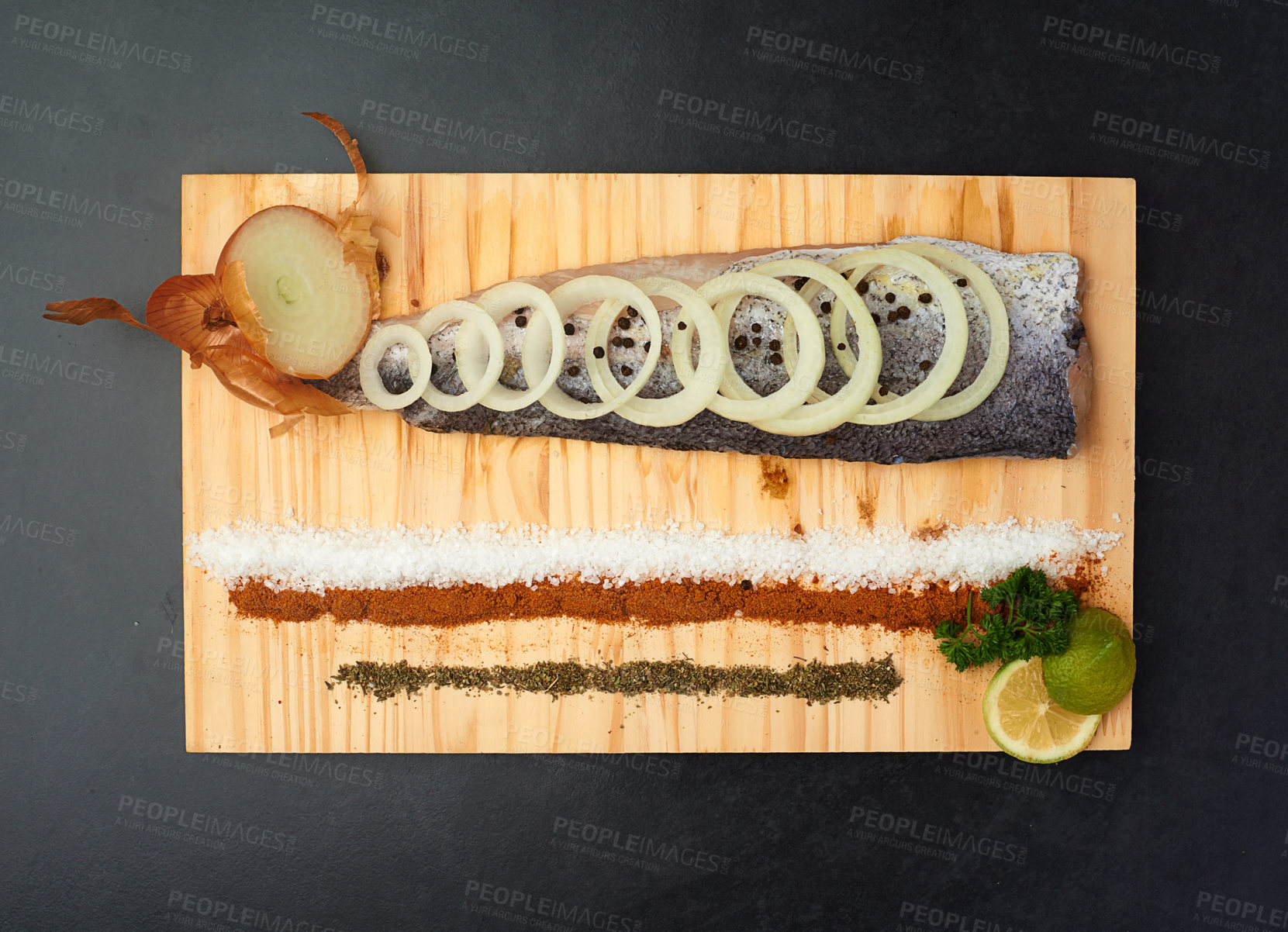 Buy stock photo Fish, top view and food on wood board, closeup with menu and lemon for luxury and healthy choice. Mediterranean diet, seafood cuisine, spices and catering for dinner with nutrition and omega 3