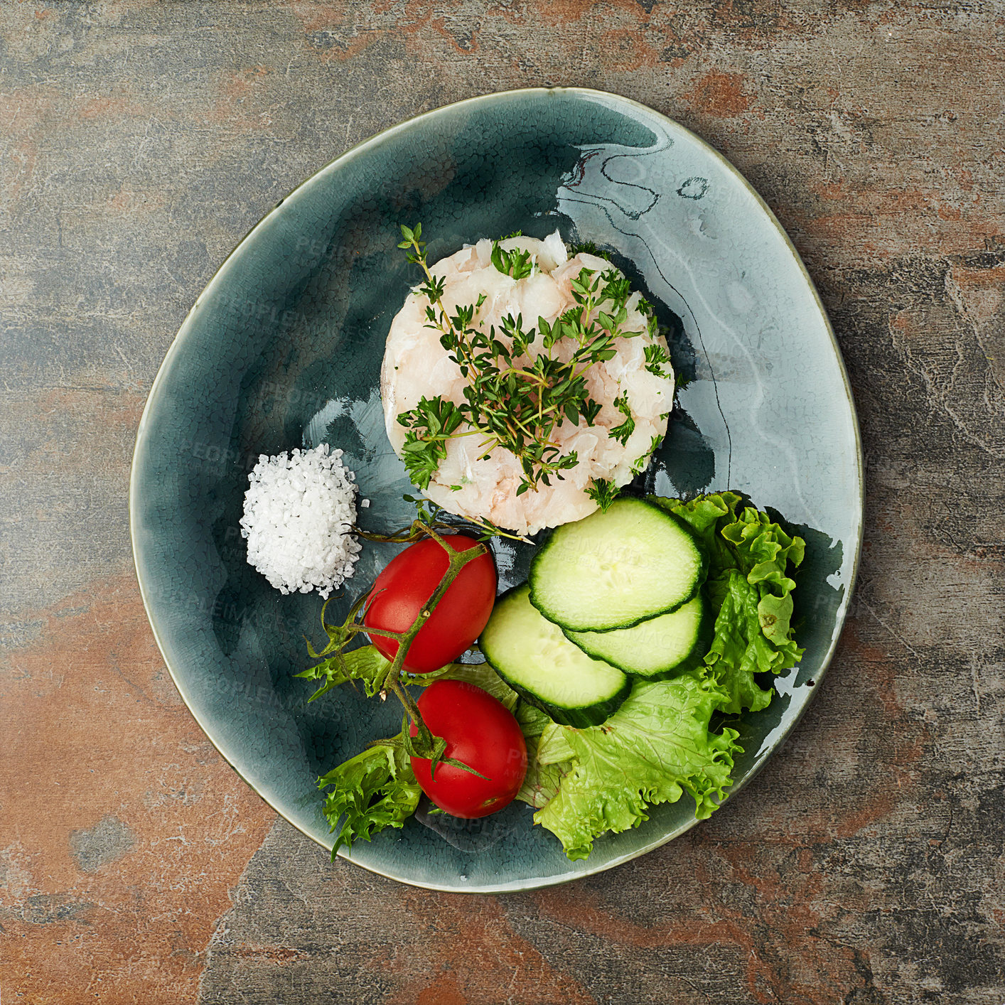 Buy stock photo Dinner, plate and seafood with salad at fine dining restaurant with rice, fish and tomato on lettuce. Healthy, cooking and luxury dish with protein from gourmet tuna fillet for nutrition in diet