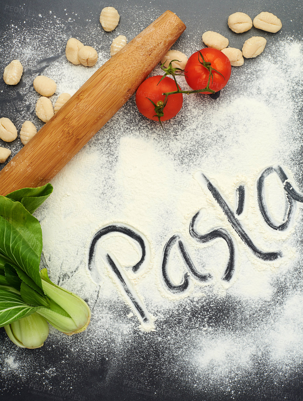 Buy stock photo Pasta, ingredients or flour with message in restaurant for catering service, dish or meal prep for eating. Cafeteria, vegetables and above of table for lunch, supper and dinner on background in Italy