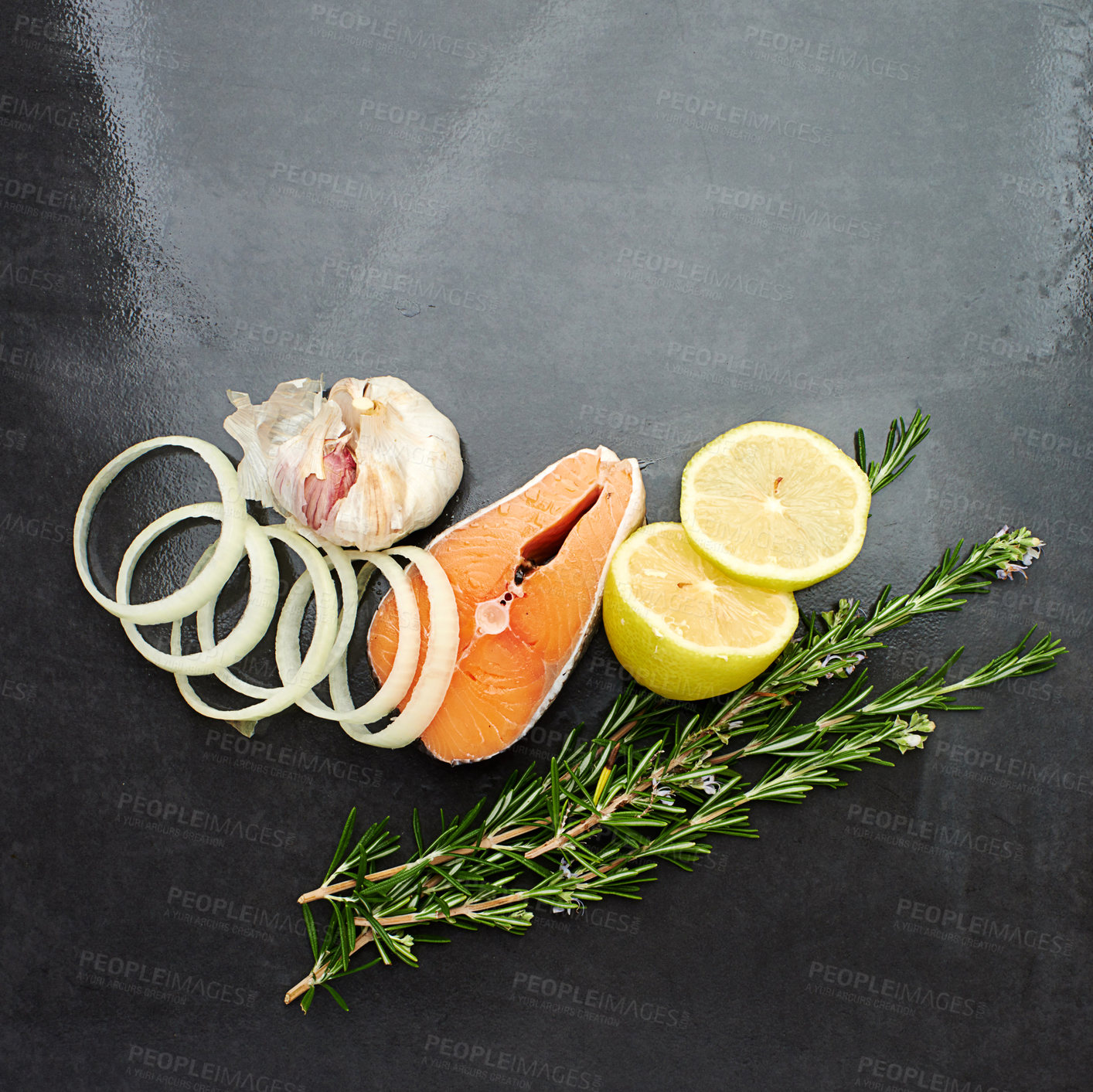 Buy stock photo Organic, food and nutrition with salmon, garlic and lemon in kitchen or studio. Healthy eating and recipe for wellness, health and cuisine with fresh herbs or rosemary for cooking or meal preparation
