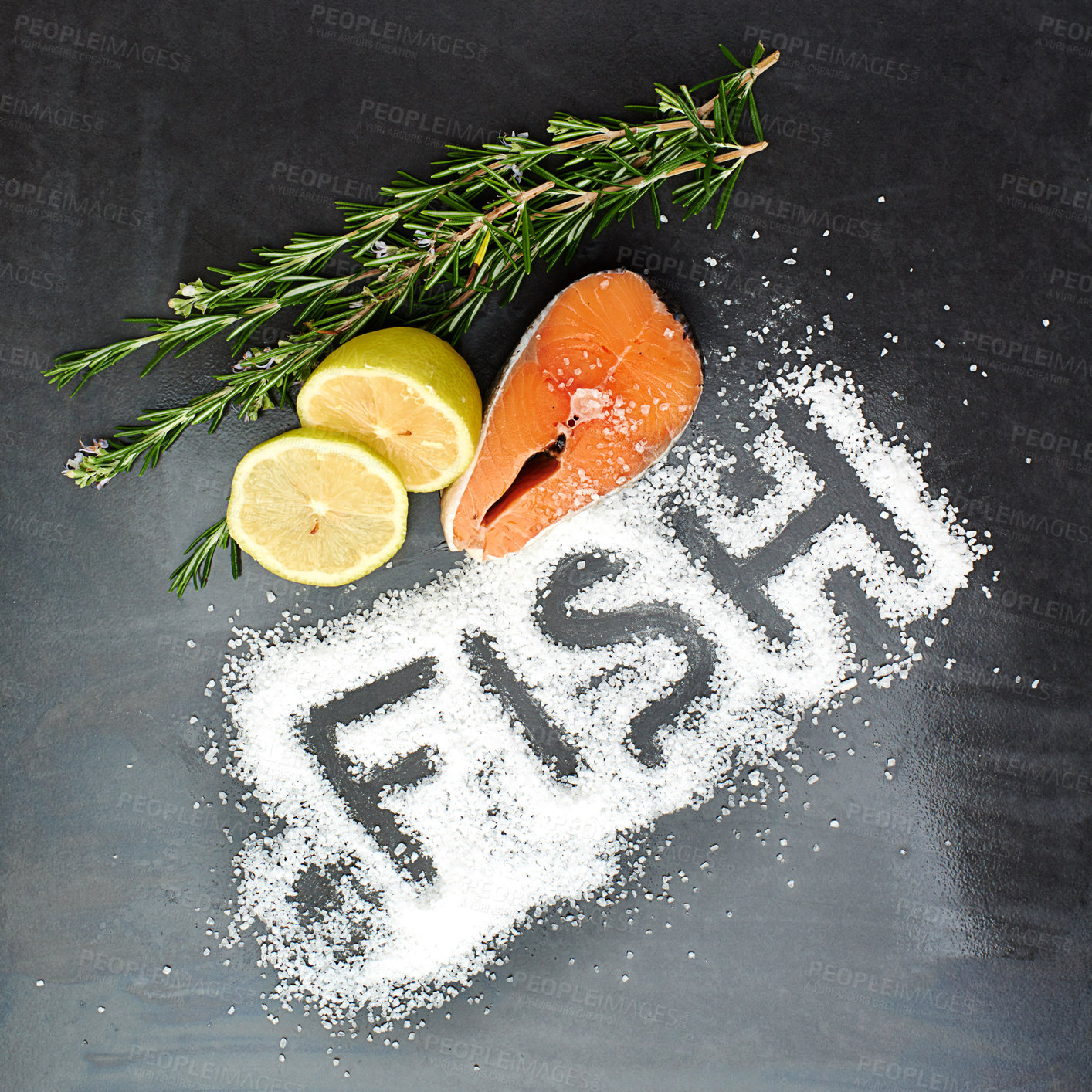 Buy stock photo Salmon, herbs and seasoning on table top for menu development, nutrition and wellness in restaurant. Fish, salt and protein in studio for health, diet and ingredients for cooking on dark background. 