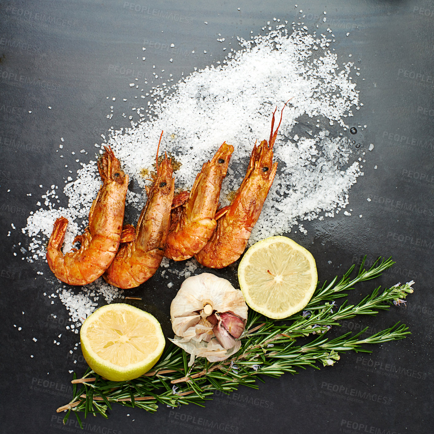 Buy stock photo Healthy, food and prawns with herbs on table for natural, organic and nutrition to prepare seafood dish. Pescatarian, fish and protein with minerals to prevent cancer to diet for weight loss