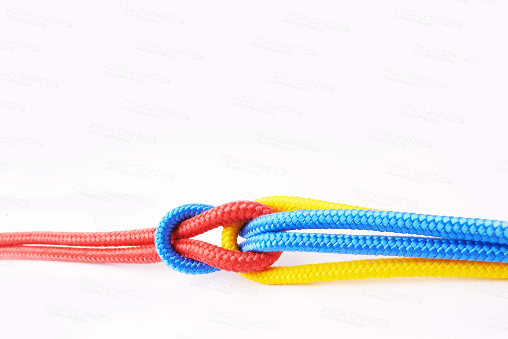 Buy stock photo Colourful, ropes and tied for together in studio to represent unity, connect and trust. Secure, string and reef knotted for security to stop movement of objects safety on isolated white background