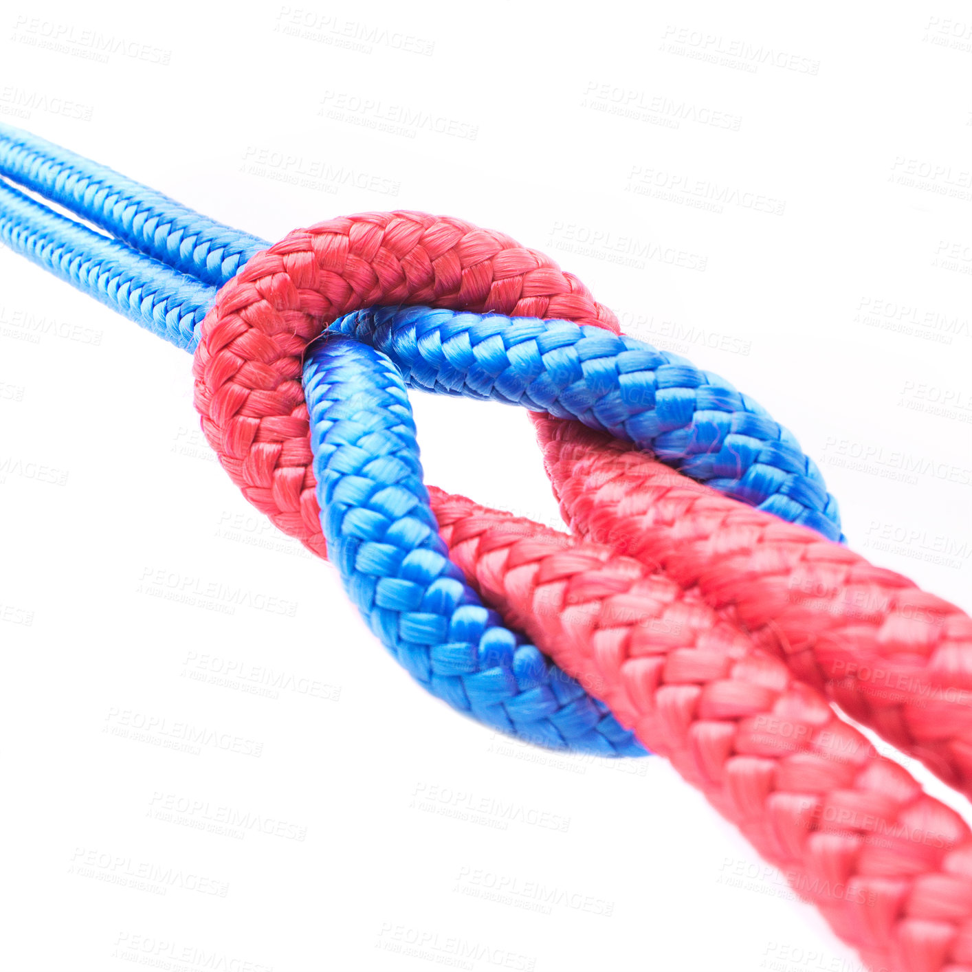 Buy stock photo Closeup of red and blue ropes knotted together, isolated on white studio background. Two connected bounds tied and linked as unbreakable chain. Strong and united in community, trust, faith metaphor