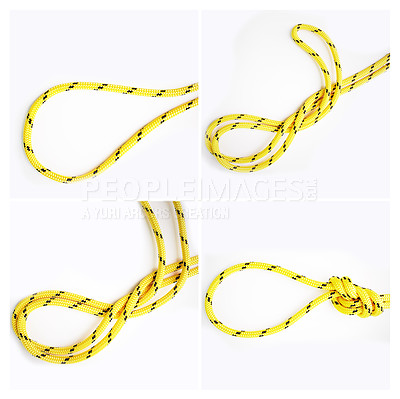 Buy stock photo Knot, guide or how to tie ropes and material on white background in studio for security. Instruction frames, cords or design for learning technique, gear tools or safety for survival steps lesson