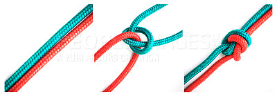 Buy stock photo Knot, safety or how to tie ropes on white background in studio for security or instruction steps frame. Material, cords or color design for technique, banner or learning for survival guide lesson