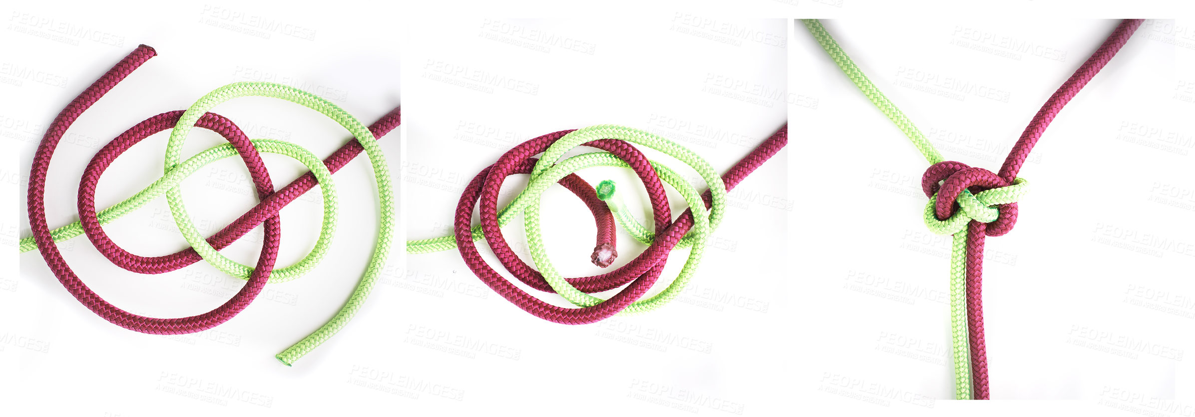 Buy stock photo Knot, cords or how to tie ropes on white background in studio for security or instruction steps frame. Material, safety or color design for technique, gear tools or learning for survival guide lesson