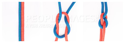 Buy stock photo Sailor, tie and how to knot with rope in tutorial, guide or instruction steps to connect string for security. Creative, pattern and template info to loop textile thread in chain with strong link