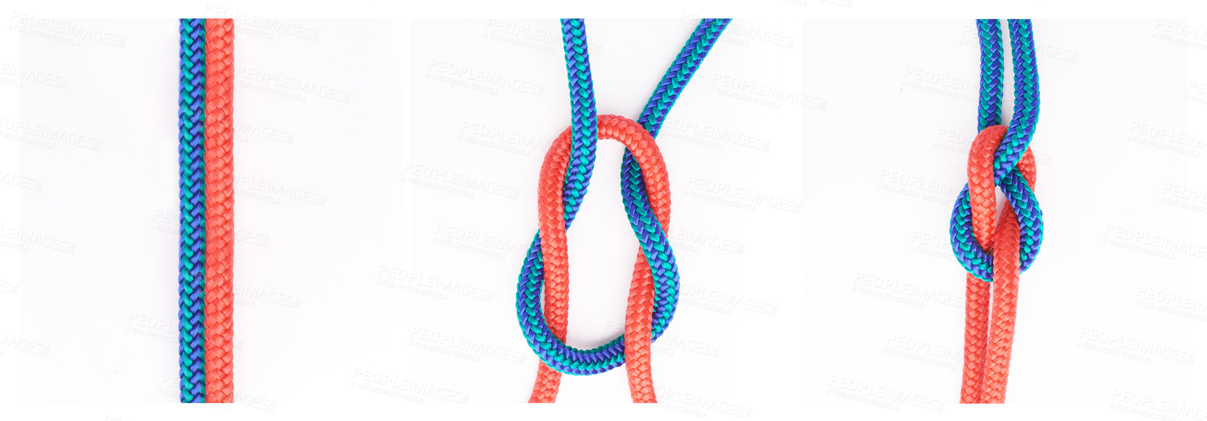 Buy stock photo Sailor, tie and how to knot with rope in tutorial, guide or instruction steps to connect string for security. Creative, pattern and template info to loop textile thread in chain with strong link