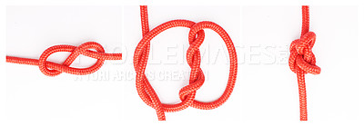 Buy stock photo Tools, steps or how to tie knot on white background in studio for security or safety instruction. Material, ropes and color design for cords technique, guide or learning for survival cable lesson