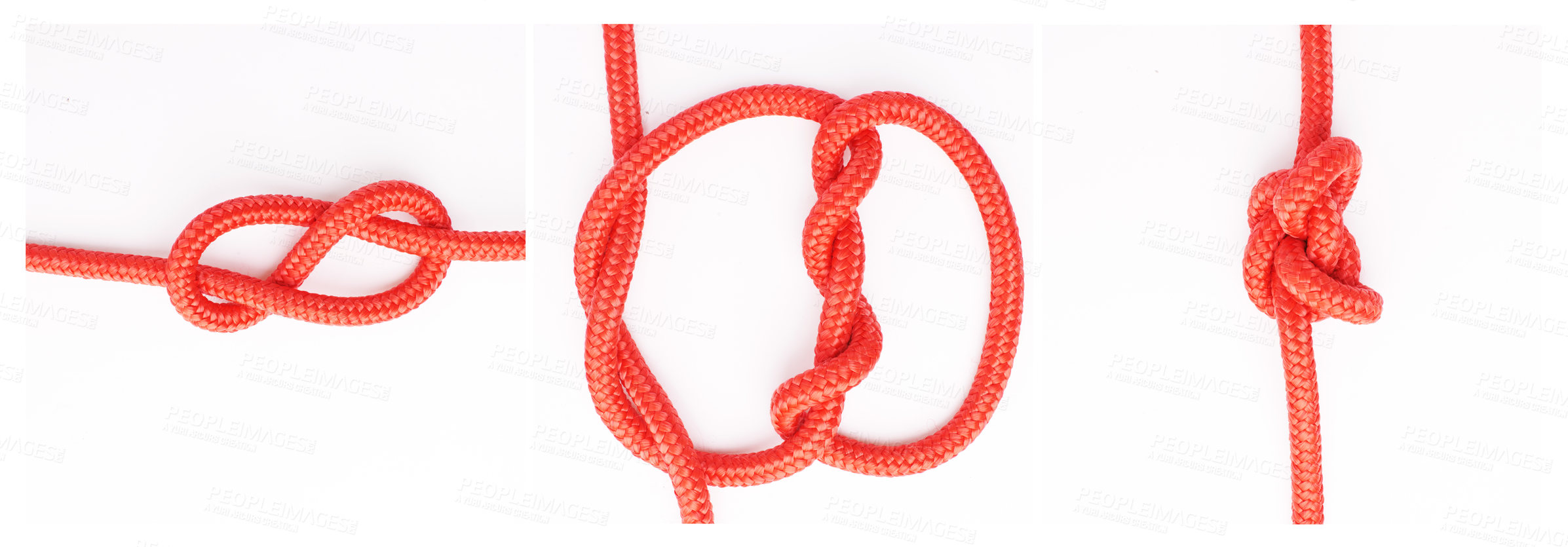 Buy stock photo Tools, steps or how to tie knot on white background in studio for security or safety instruction. Material, ropes and color design for cords technique, guide or learning for survival cable lesson