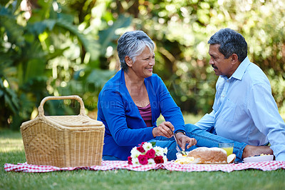 Buy stock photo Shot of a loving senior couple enjoying a picnic together outdoors