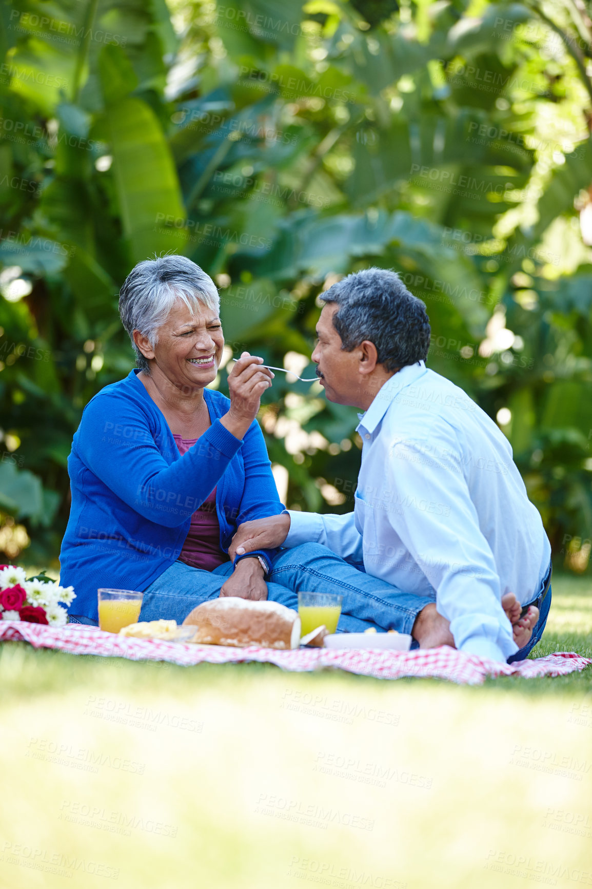 Buy stock photo Shot of a loving senior couple enjoying a picnic together outdoors