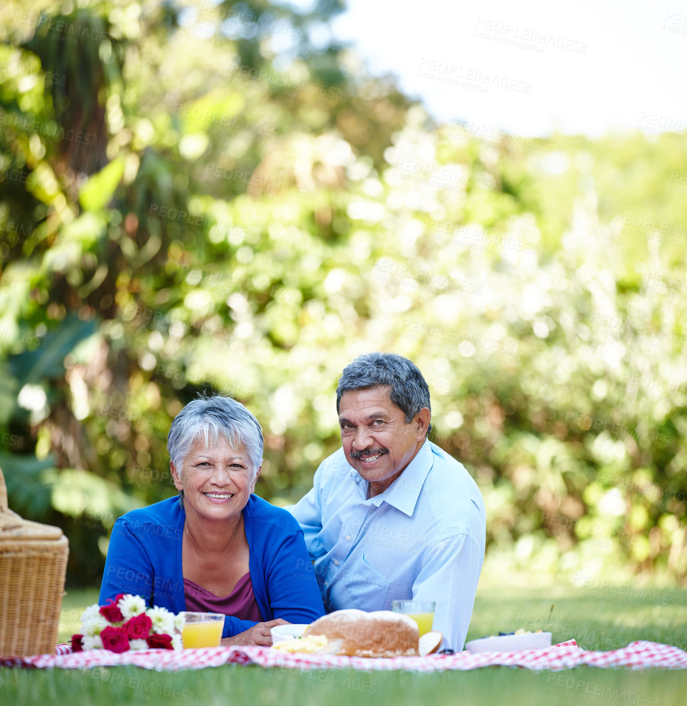 Buy stock photo Shot of a loving senior couple enjoying a picnic together outdoors