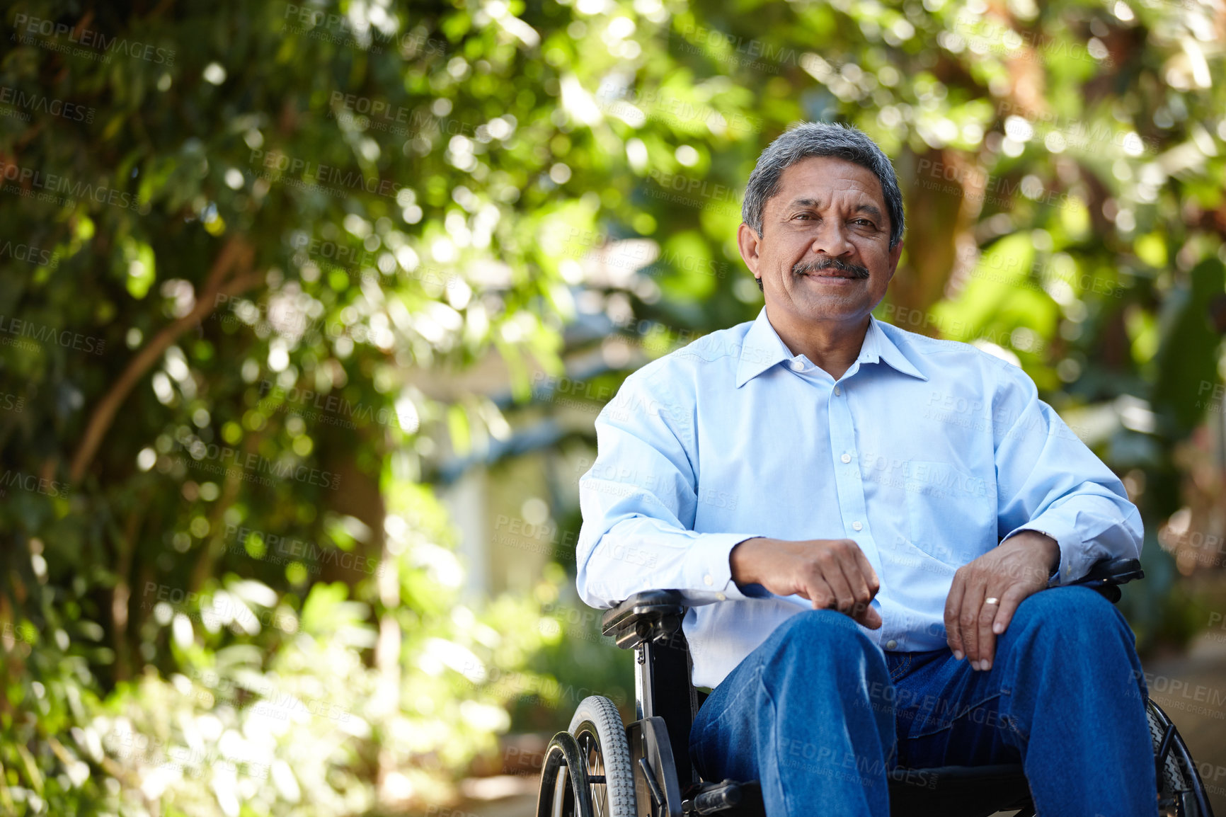 Buy stock photo Cropped portrait of a senior man sitting in a wheelchair outside