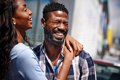 Buy stock photo Shot of a happy couple spending time outdoors