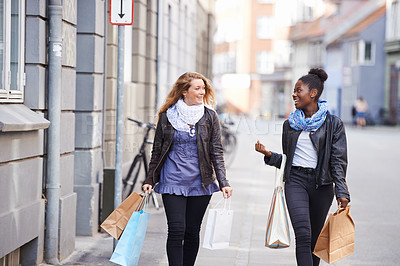 Buy stock photo Friends, city or happy people walking with shopping bag for retail sales deal, discount or promotion offers. Fashion bags, diversity or women talking on sidewalk street together with smile or freedom