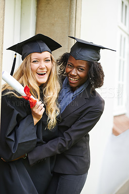Buy stock photo Graduation cap, women and couple of friends for university achievement, college success and celebration of diploma. Portrait of excited students in diversity for law education, laugh and scholarship