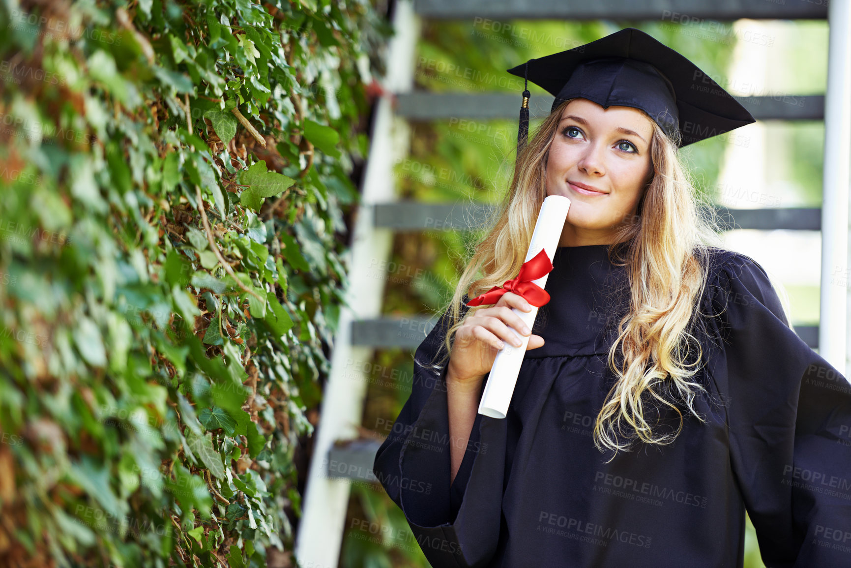 Buy stock photo Student, graduation cap and woman thinking of future, university achievement and career choice or ideas. Graduate with education a diploma, law certificate and decision at outdoor campus or college