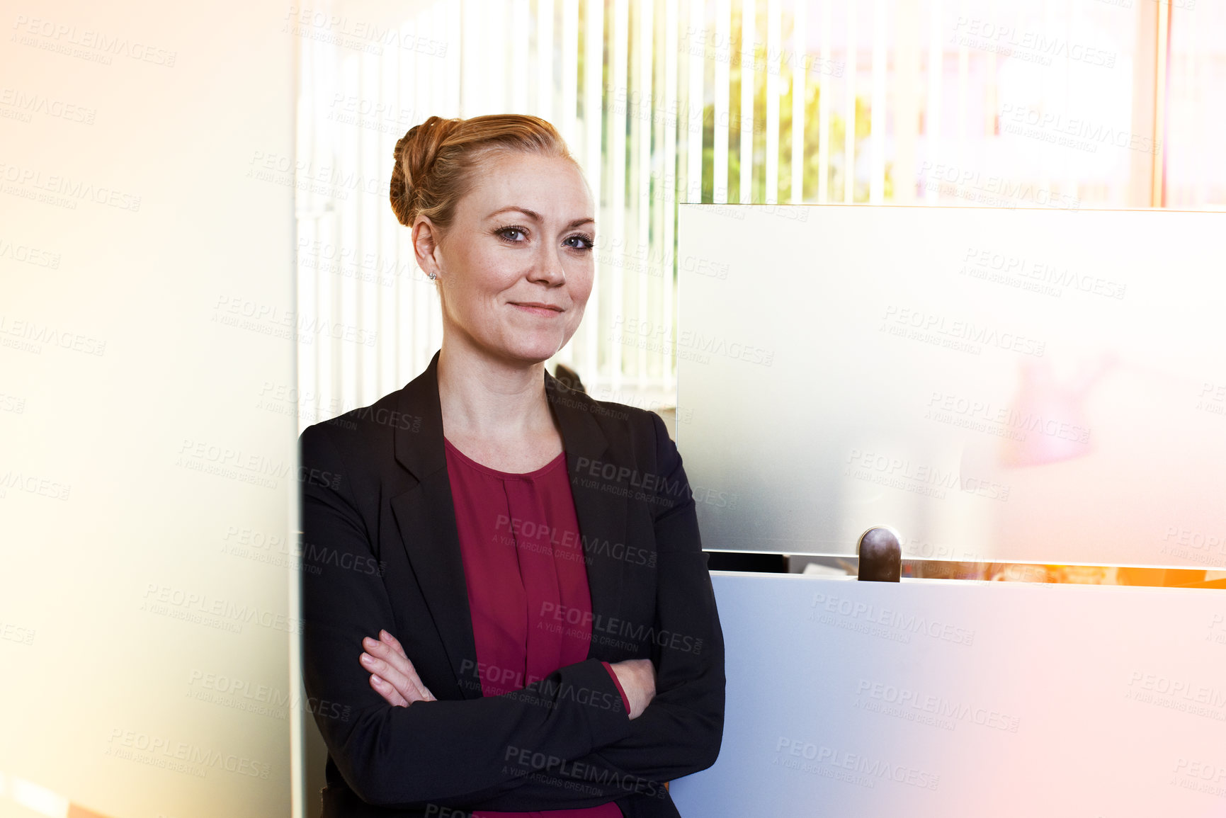 Buy stock photo Arms crossed, corporate and portrait with business woman in office for administration or management. Happy, smile and trust with confident female employee in professional workplace for career