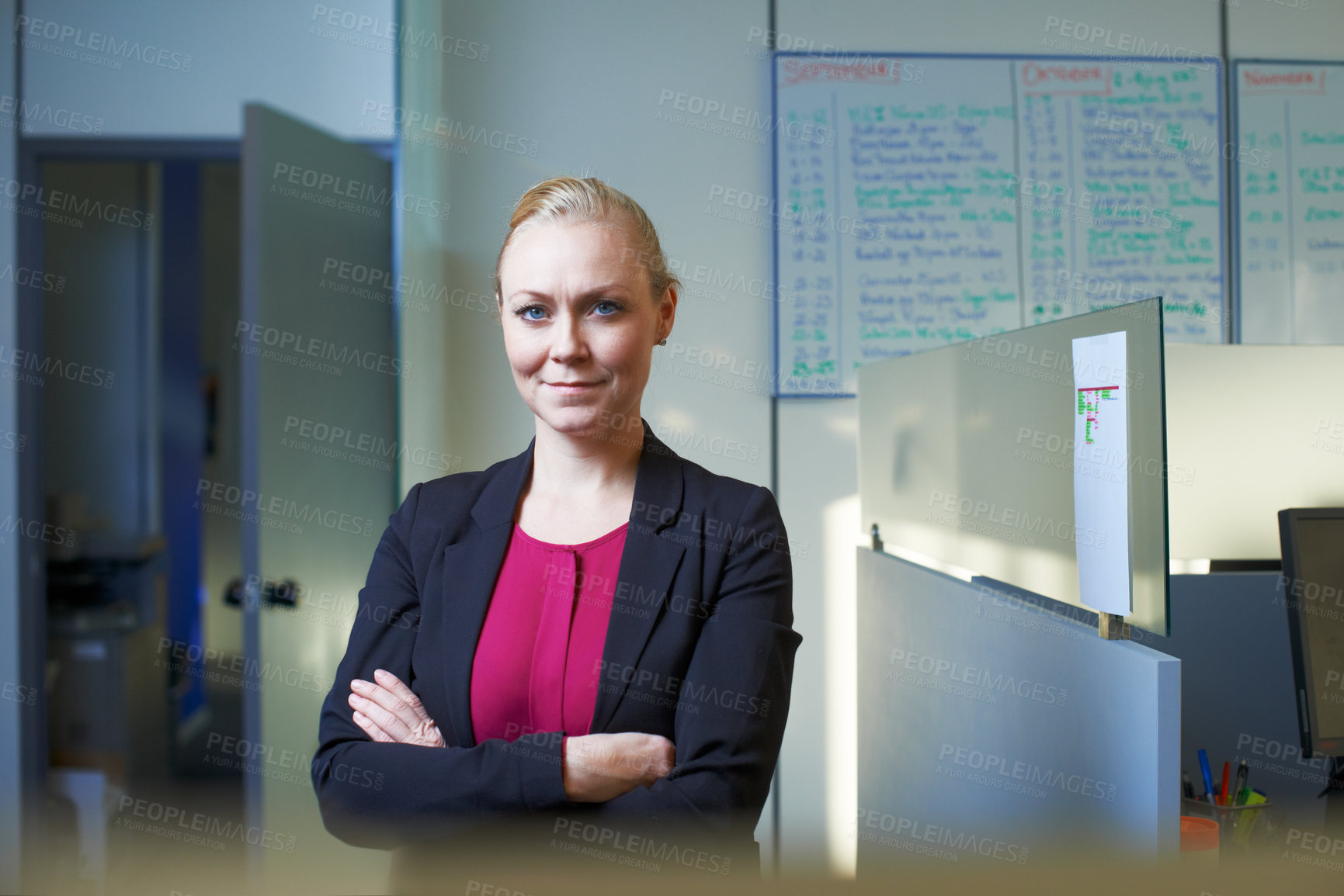 Buy stock photo Pride, business and portrait of woman in office with planner, confident consultant or project manager. Human resources, about us or agent, businesswoman or professional with arms crossed in workplace