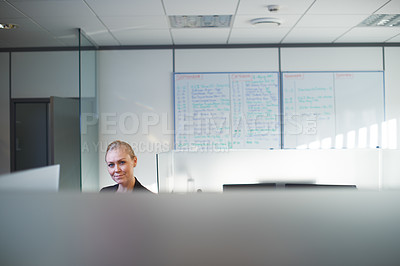 Buy stock photo Portrait, cubicle and business woman in office for planning, brainstorming ideas and thinking. Corporate, professional and person in workplace for insurance company, consulting agency and startup