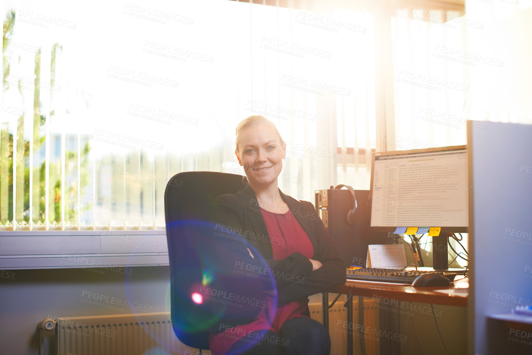 Buy stock photo Business woman, confident and office desk for human resources job, planning and opportunity with portrait. Professional worker or person with arms crossed and smile for advice in workplace lens flare