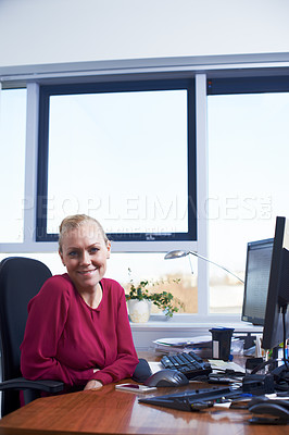 Buy stock photo Portrait of an attractive businesswoman using her work computer