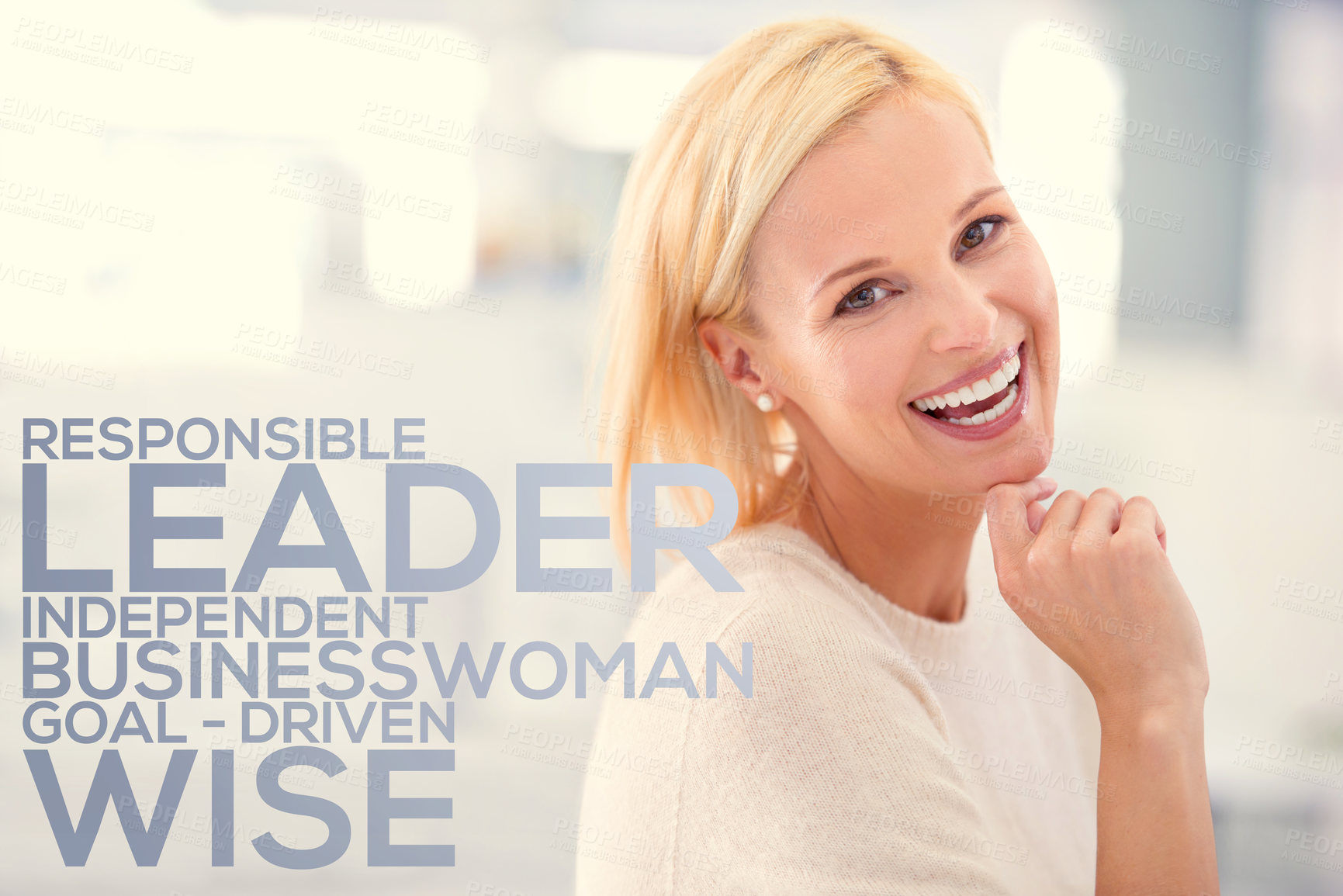 Buy stock photo Cropped portrait of a laughing young businesswoman in an office setting