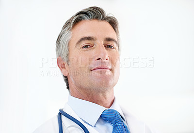 Buy stock photo Hospital, doctor and portrait of man on a white background for medical service, career and consulting. Professional, healthcare and person with stethoscope for cardiology, medicine and wellness