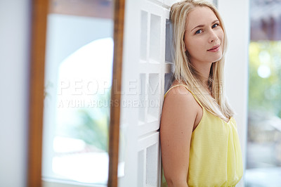 Buy stock photo Portrait of a beautiful young woman standing in a hallway at home