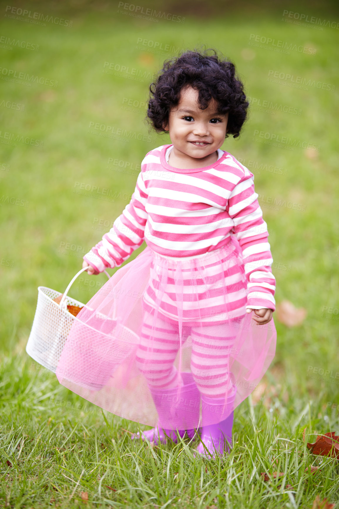 Buy stock photo Portrait, happy child and tutu on grass in park with basket for leaves for autumn. Little girl, pink clothes and curly hair with rain boots for growth, development and changing of season for Easter