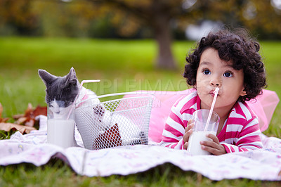 Buy stock photo Thinking, picnic and a girl in the park with her kitten together for love, care or bonding during summer. Milk, cat or kids and a happy young child in the garden having fun with her pet animal