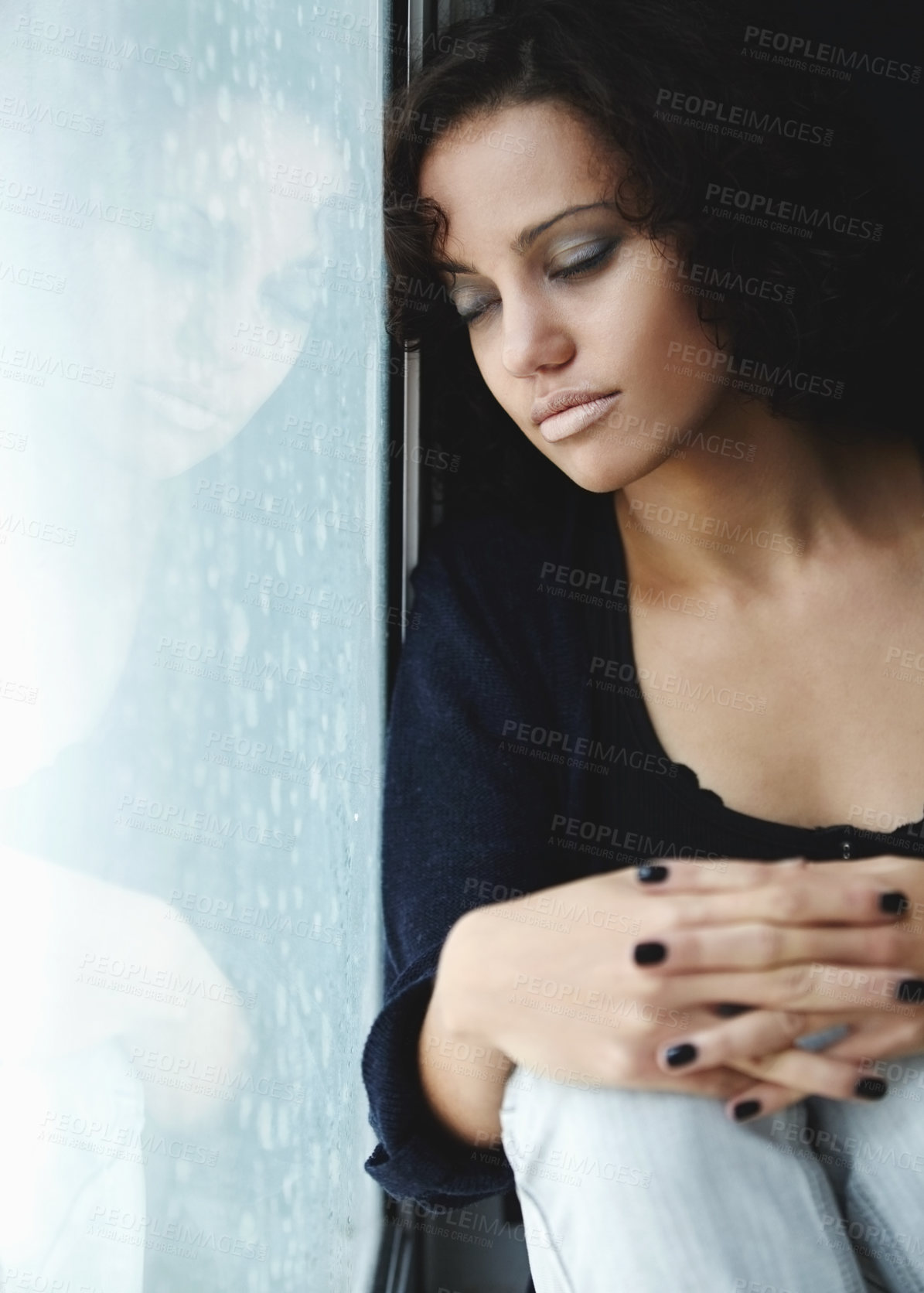 Buy stock photo Sad, rain and crying with woman by window for depression, tired and lonely. Anxiety, mental health and exhausted with female thinking at home for broken heart, disappointed and fear mockup