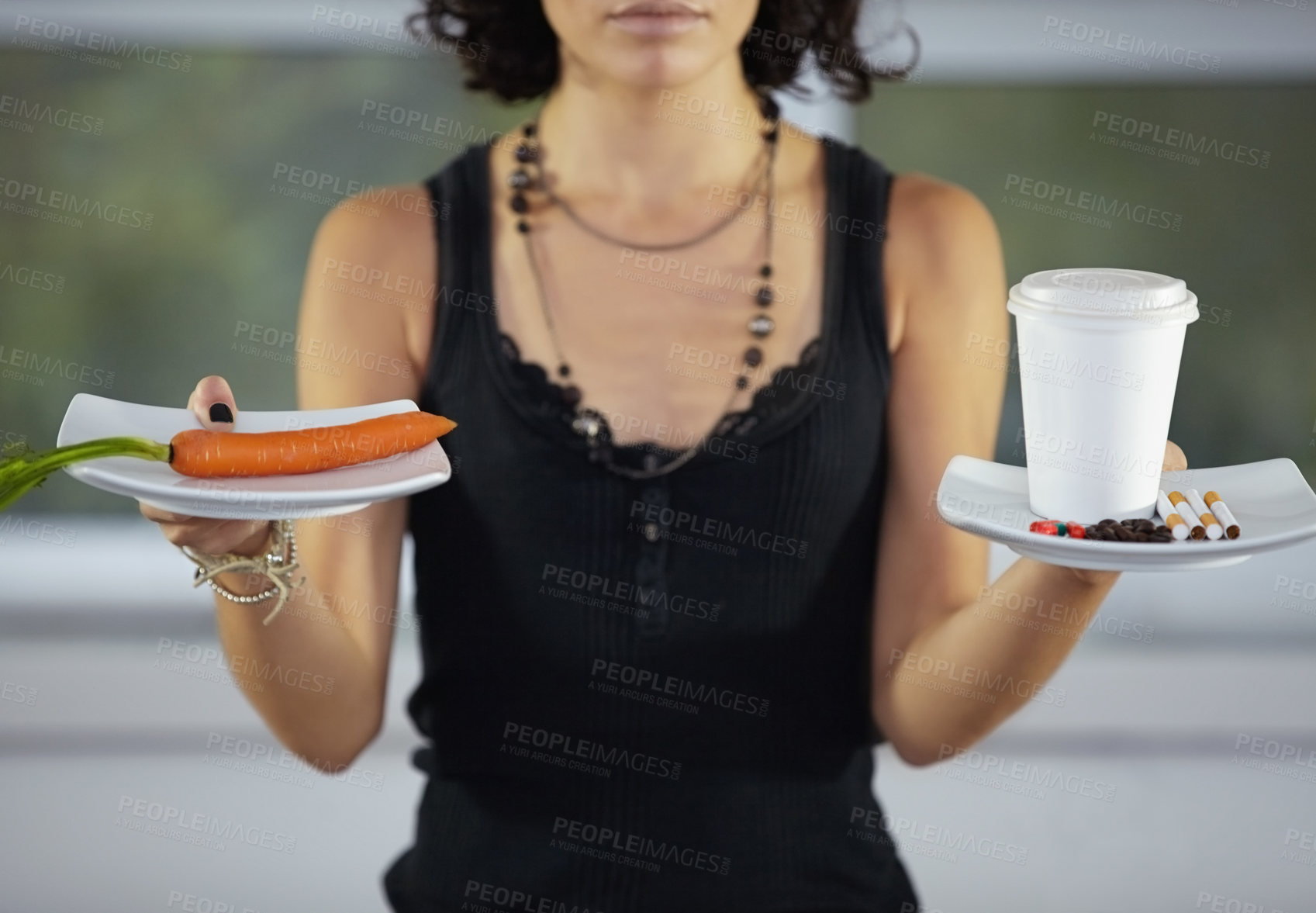 Buy stock photo Addiction, decision and woman with vegetable and pills, coffee and cigarettes for eating disorder and weight loss. Drugs, unhealthy diet and female person with carrot and medication for anorexia