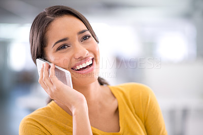 Buy stock photo Smile, office and face of woman with phone call for networking, communication or opportunity at startup. Smartphone, connection and girl at workplace with happy conversation, business chat or talking