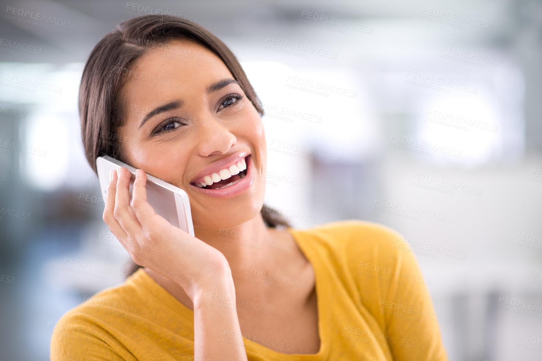 Buy stock photo Smile, office and face of woman with phone call for networking, communication or opportunity at startup. Smartphone, connection and girl at workplace with happy conversation, business chat or talking