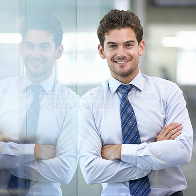 Buy stock photo Businessman, portrait and office for formal, confidence and in professional workspace. Male person, arms crossed and smile for ambition, startup and entrepreneur for career and project management 