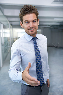 Buy stock photo Businessman, portrait and welcome handshake in office for meeting, onboarding and agreement. Male person, corporate employee and lawyer for agency, partnership and deal with client for work with pov