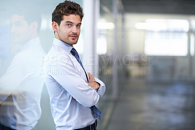 Buy stock photo Businessman, portrait and confident with arms crossed in office for professional career in finance, opportunity and pride. Entrepreneur, face of employee and smile for relax, break or mock up at work