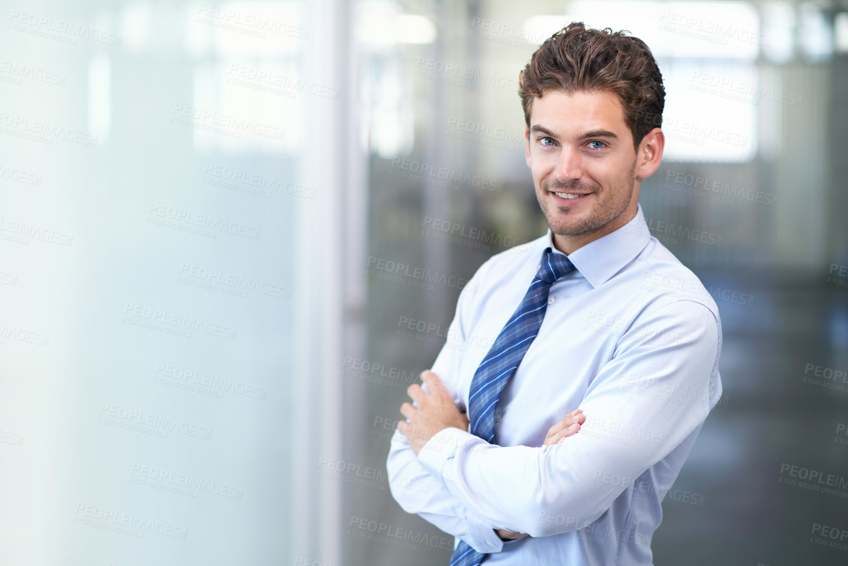 Buy stock photo Businessman, portrait and smile with arms crossed in office for professional career in finance, confidence and pride. Entrepreneur, face of employee and happy for relax, break or mockup space at work