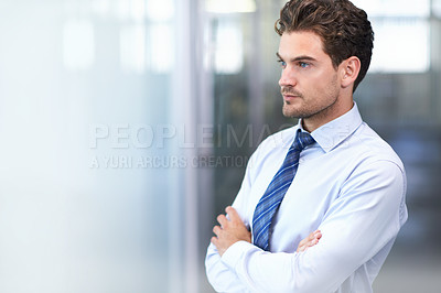 Buy stock photo Businessman, face and serious with arms crossed in office for professional career in finance, thinking and confidence. Entrepreneur, person and employee with relax, thoughtful or mockup space at work