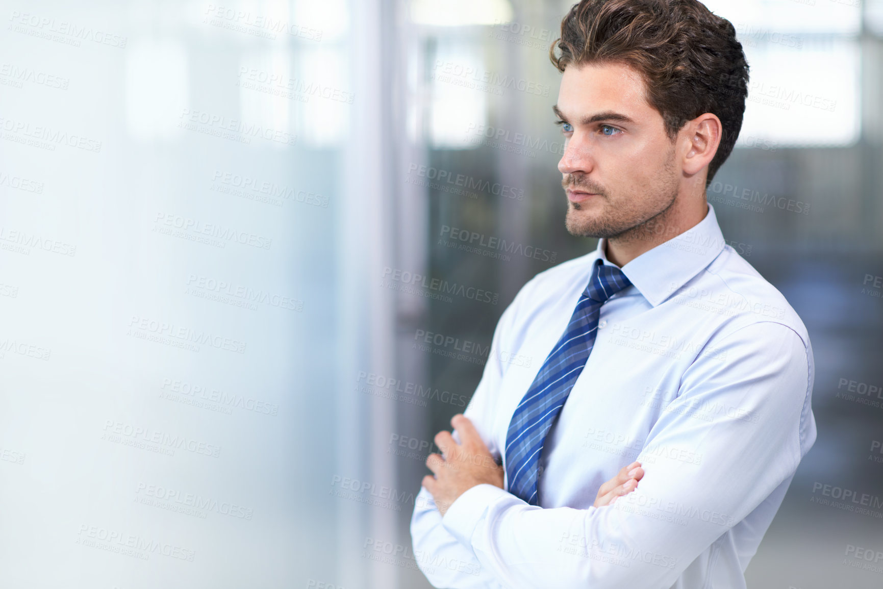 Buy stock photo Businessman, face and serious with arms crossed in office for professional career in finance, thinking and confidence. Entrepreneur, person and employee with relax, thoughtful or mockup space at work