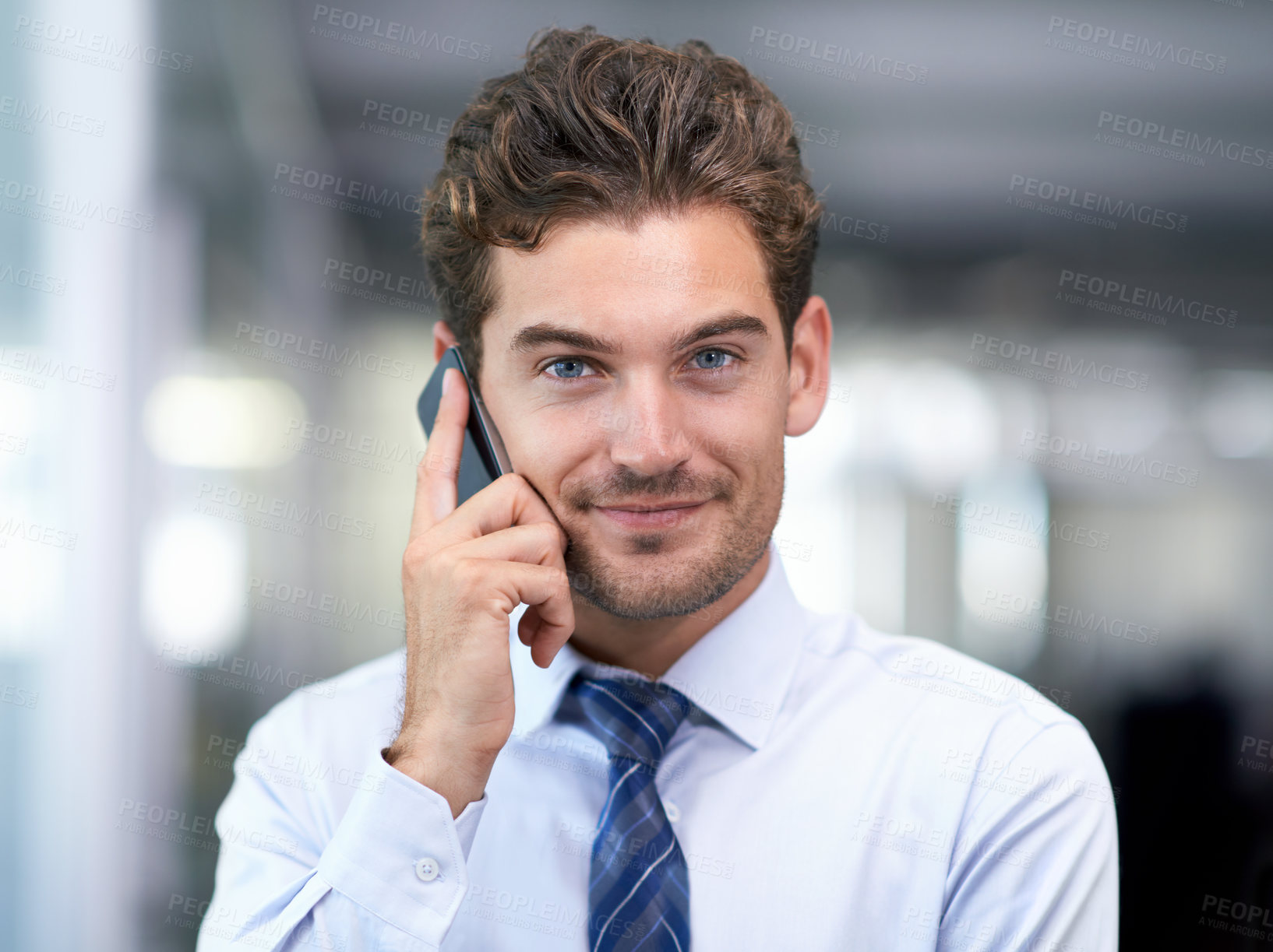 Buy stock photo Businessman, phone call and communication in portrait, negotiation and discussion on technology. Male person, b2b and mobile app for conversation or consulting, planning and networking in office