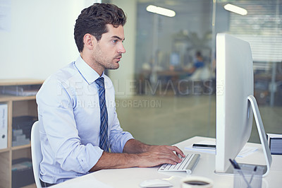 Buy stock photo Business, accountant and man with a computer, typing and internet with research and online reading. Person, employee and financial adviser with a pc and connection with company website and technology