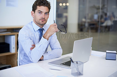 Buy stock photo Businessman, portrait and laptop  office with confidence at desk as financial advisor, planning or investing. Male person, glasses and face in New York or corporate employee, accounting or research