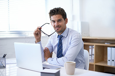 Buy stock photo Businessman, portrait and smile at laptop in office with confidence as financial advisor or investment, loan or budget. Male person, face and glasses as broker or online planning, research or funding