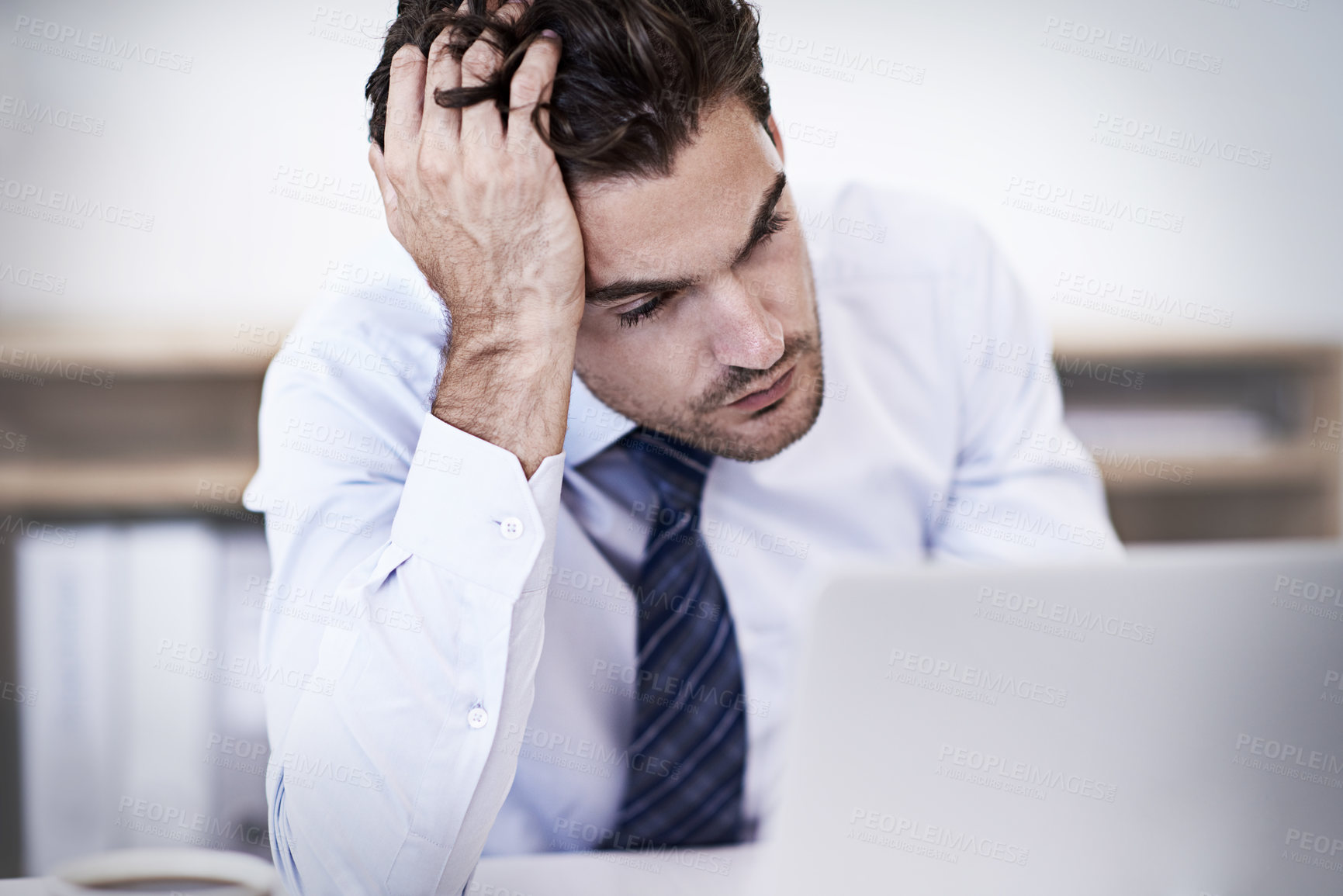 Buy stock photo Laptop, fail and business man with stress, frustrated or mistake with glitch in office. Computer, depression or serious professional with bankruptcy, taxes or challenge of financial crisis with error